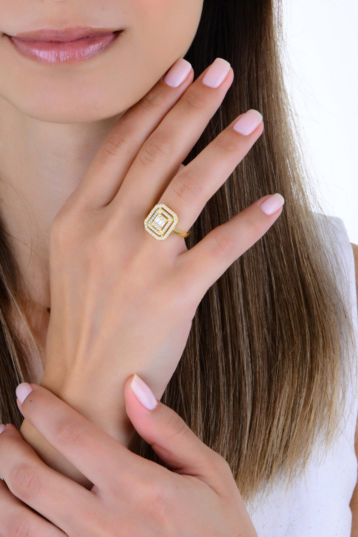 Gümüş altın yaldızlı çift sıra zirkon taşlı pırlanta montürlü baget yüzük