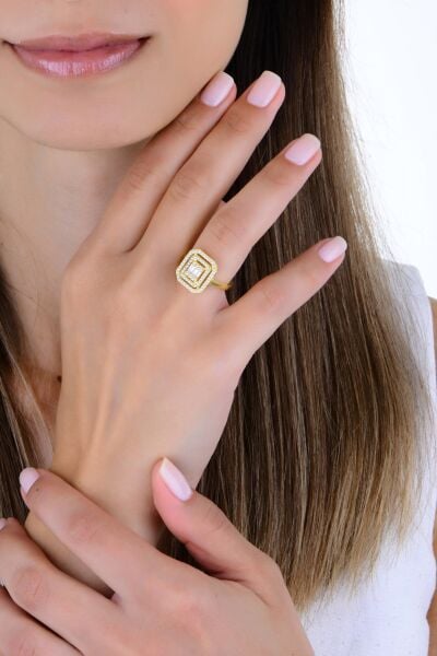 Gümüş altın yaldızlı çift sıra zirkon taşlı pırlanta montürlü baget yüzük