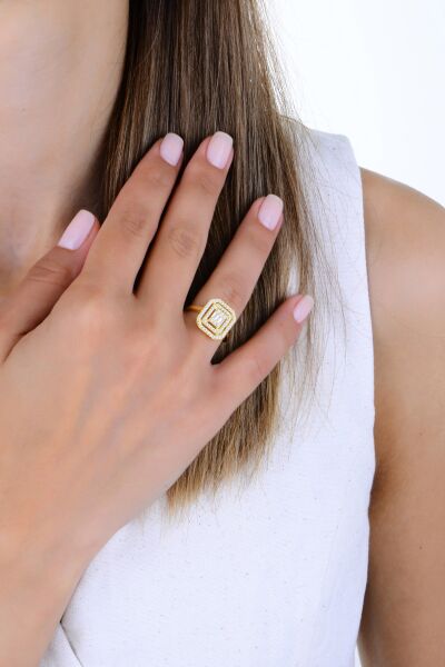 Gümüş altın yaldızlı çift sıra zirkon taşlı pırlanta montürlü baget yüzük