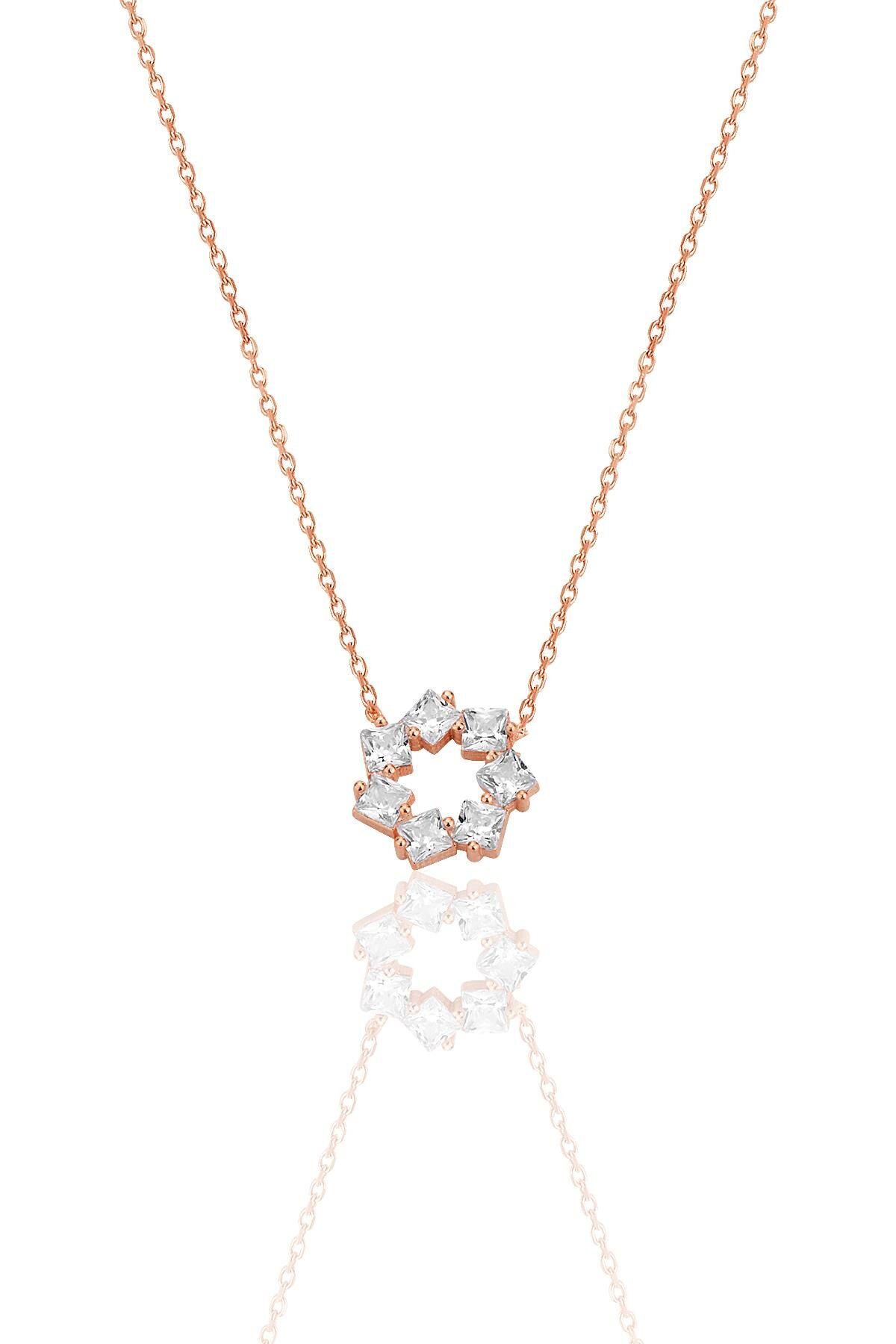 Gümüş rose baget kesim zirkon taşlı yıldız çiçeği  kolye SGTL12792ROSE