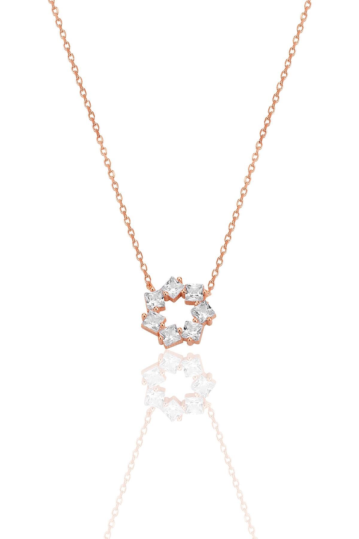 Gümüş rose baget kesim zirkon taşlı yıldız çiçeği  kolye SGTL12792ROSE