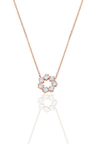 Gümüş rose baget kesim zirkon taşlı yıldız çiçeği  kolye SGTL12792ROSE