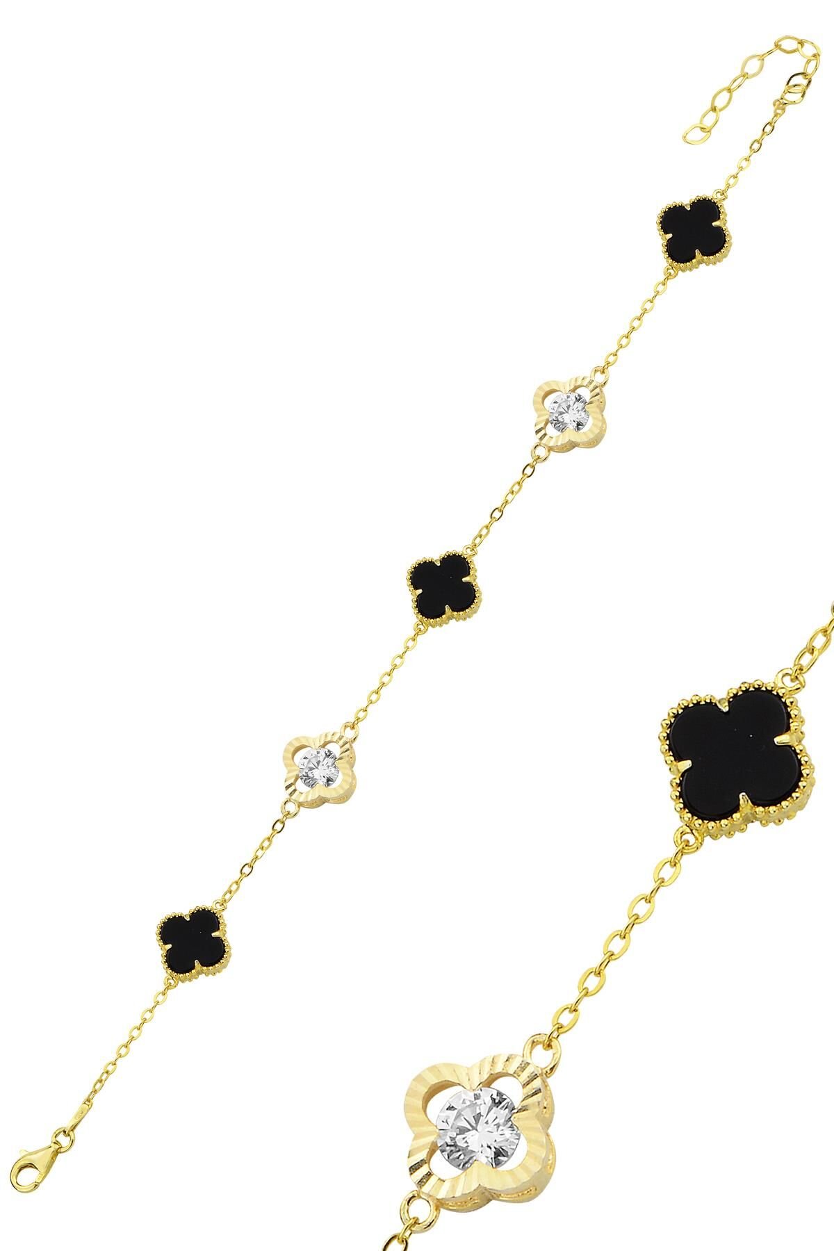 Gümüş altın yaldızlı onix ve zirkon taşlı yonca bileklik SGTL12431GOLD