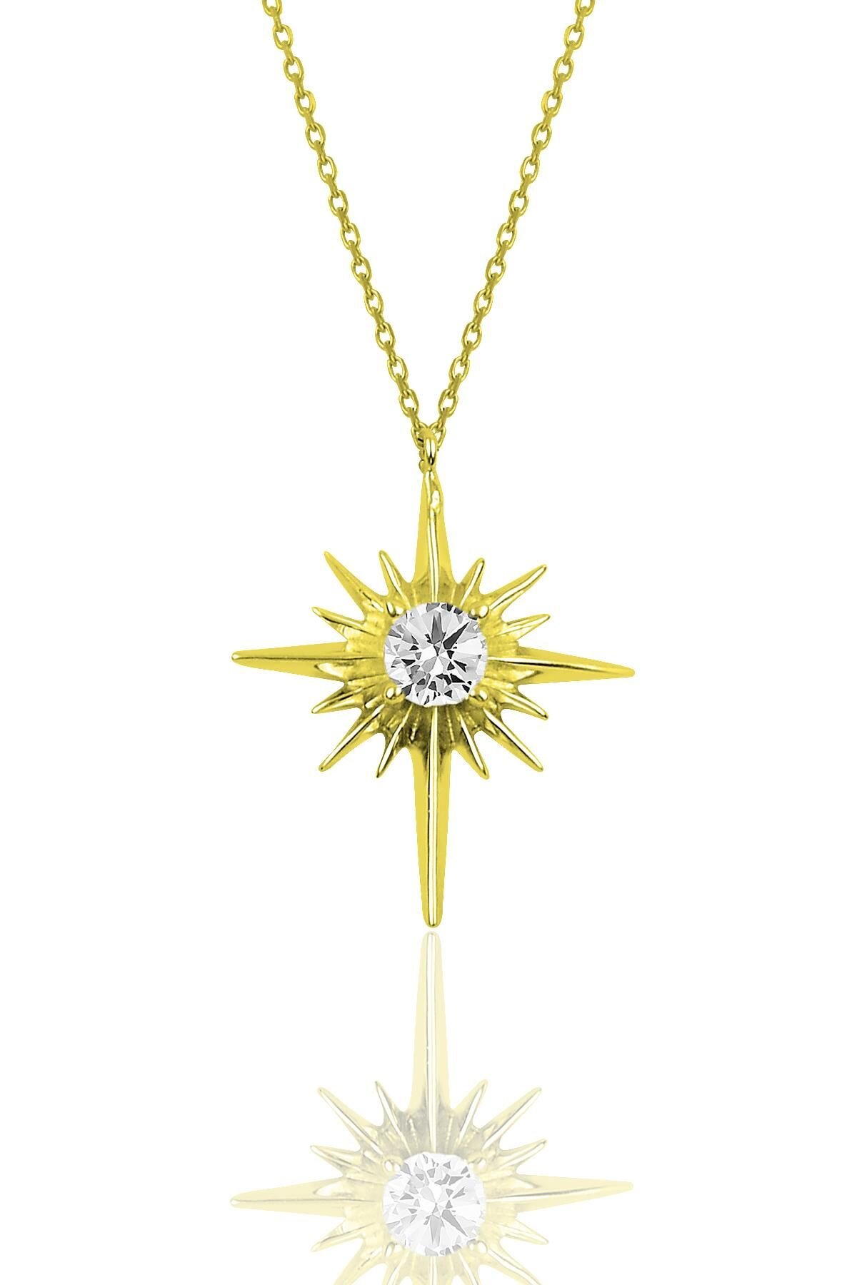 Gümüş zirkon taşlı altın yaldızlı kutup yıldızı kolye SGTL12285GOLD