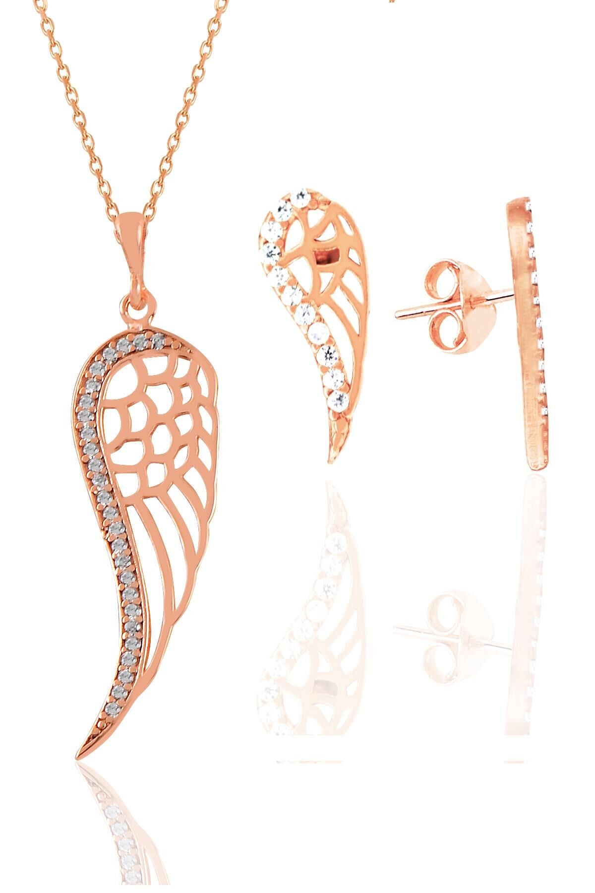 Gümüş rose zirkon taşlı kanat kolye ve küpe seti SGTL11411ROSE