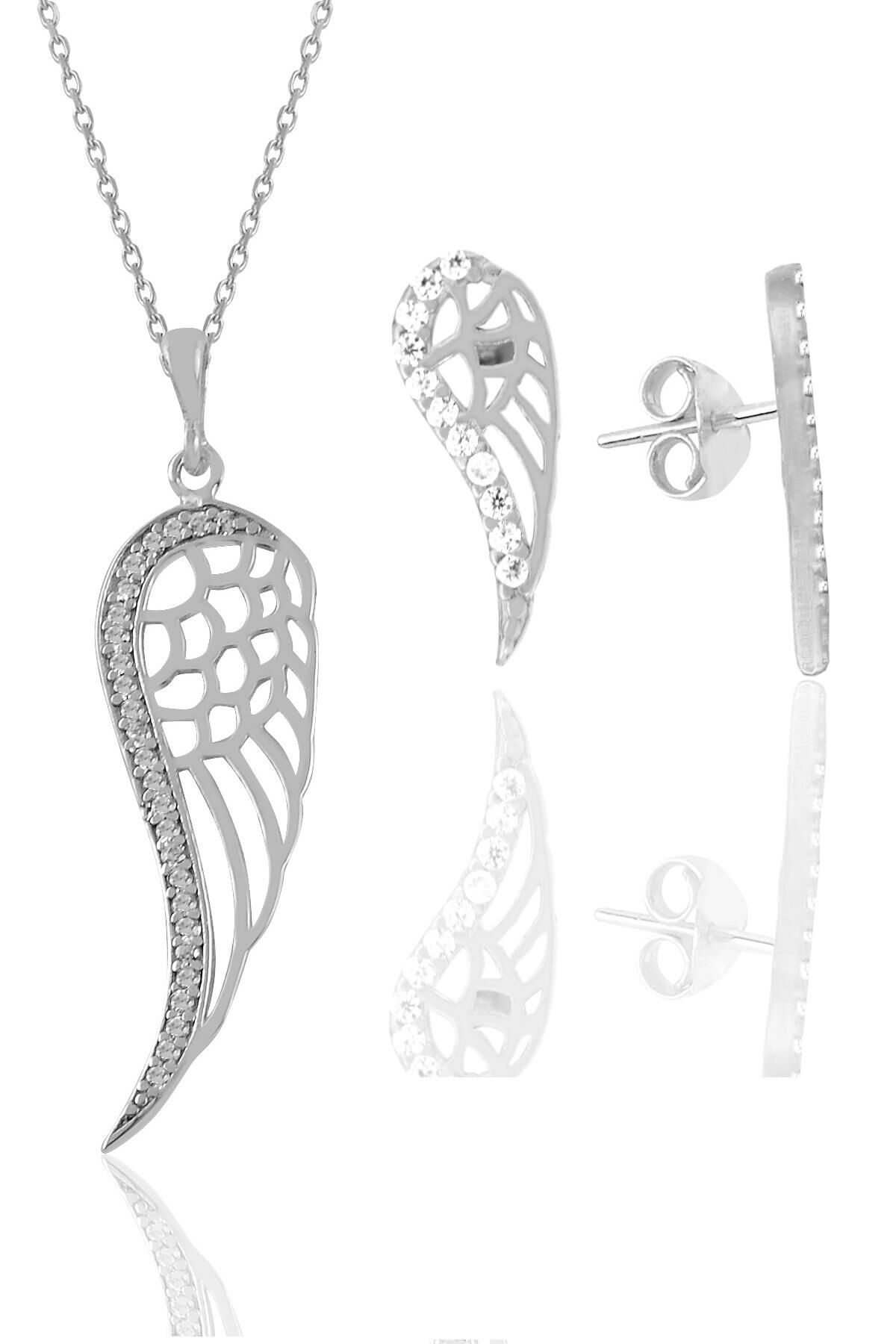 Gümüş rodyumlu zirkon taşlı kanat kolye ve küpe seti SGTL11411RODAJ