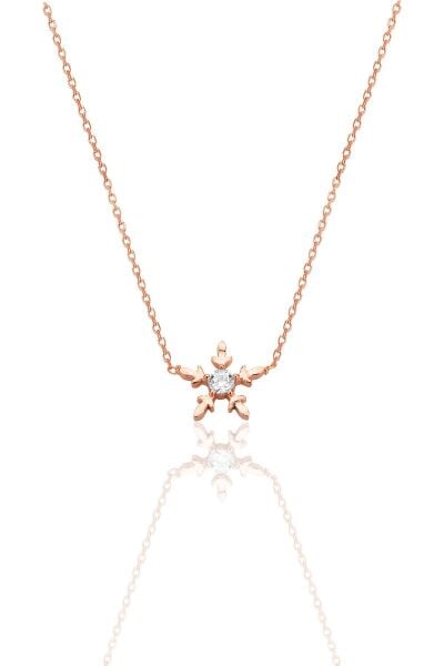 Gümüş rose zirkon tek taşlı mini buz kristali kar tanesi kolye SGTL12793ROSE