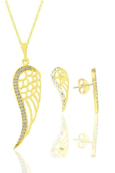 Gümüş  altın yaldızlı zirkon taşlı kanat kolye ve küpe seti SGTL11411GOLD