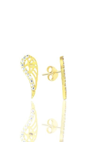 Gümüş  altın yaldızlı zirkon taşlı kanat kolye ve küpe seti SGTL11411GOLD