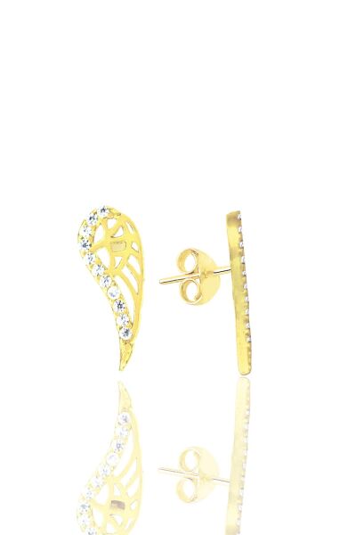 Gümüş  altın yaldızlı zirkon taşlı kanat kolye ve küpe seti SGTL11411GOLD