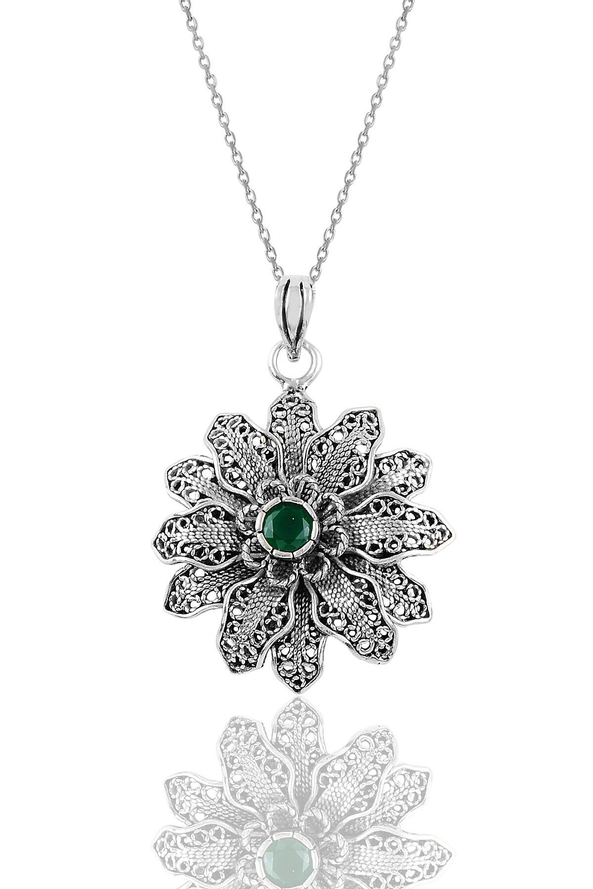 Gümüş kök zümrüt taşlı telkari kolye SGTL10634