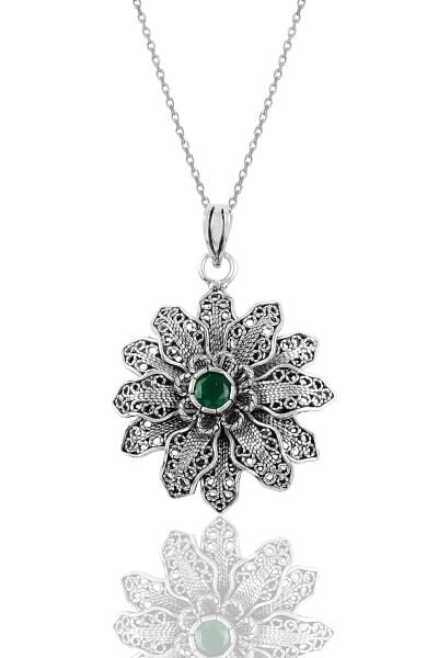 Gümüş kök zümrüt taşlı telkari kolye SGTL10634
