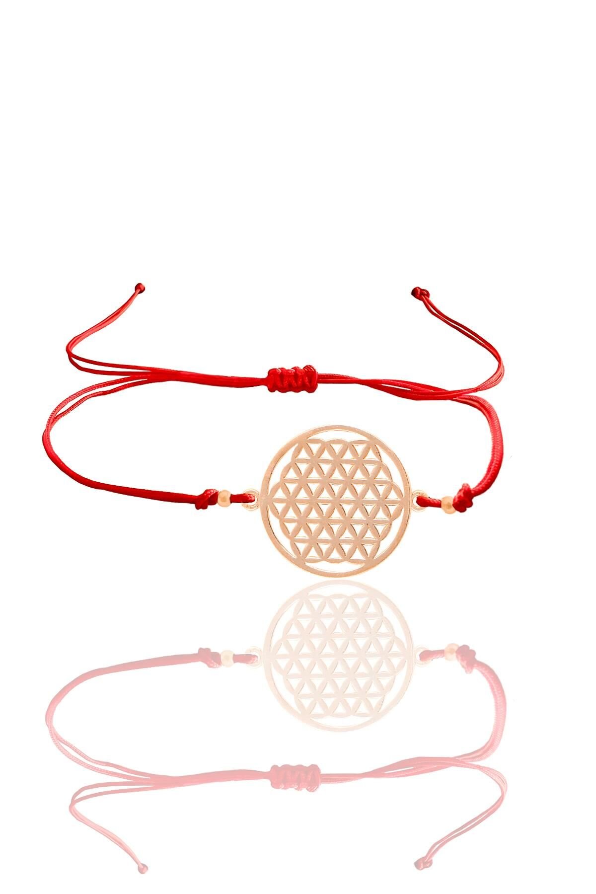 Gümüş rose yaşam çiçeği kırmızı ipli bileklik SGTL12057ROSE