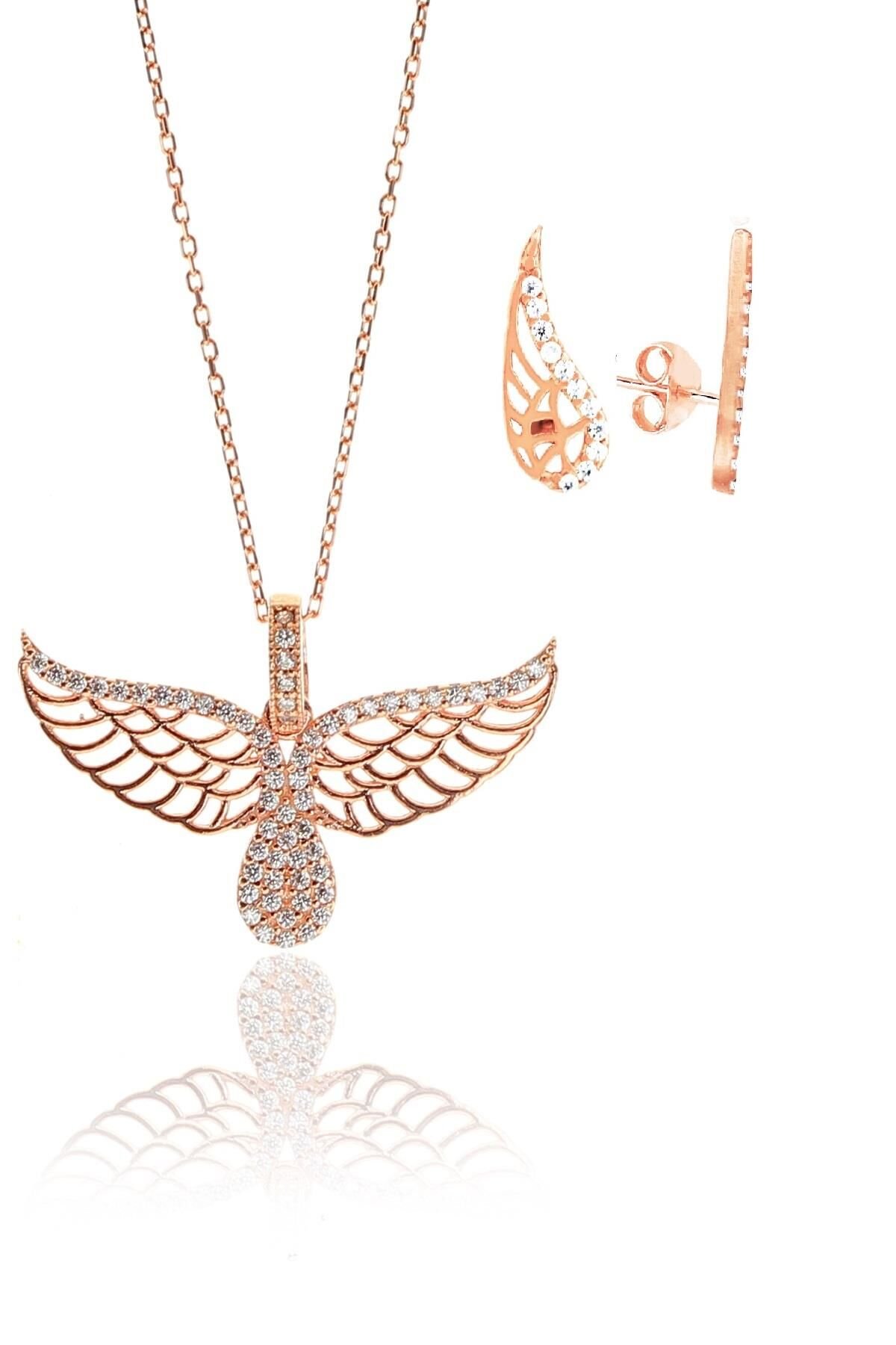 Gümüş rose zirkon taşlı kanat kolye ve küpe seti SGTL11410ROSE