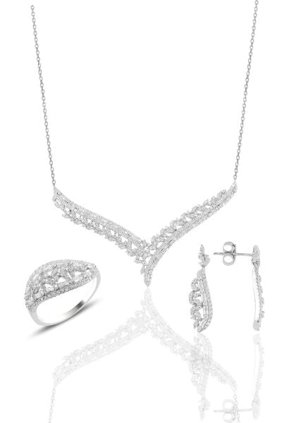 Gümüş rodyumlu  pırlanta modeli beyaz altın görünümlü kolye küpe ve yüzük seti SGTL10953