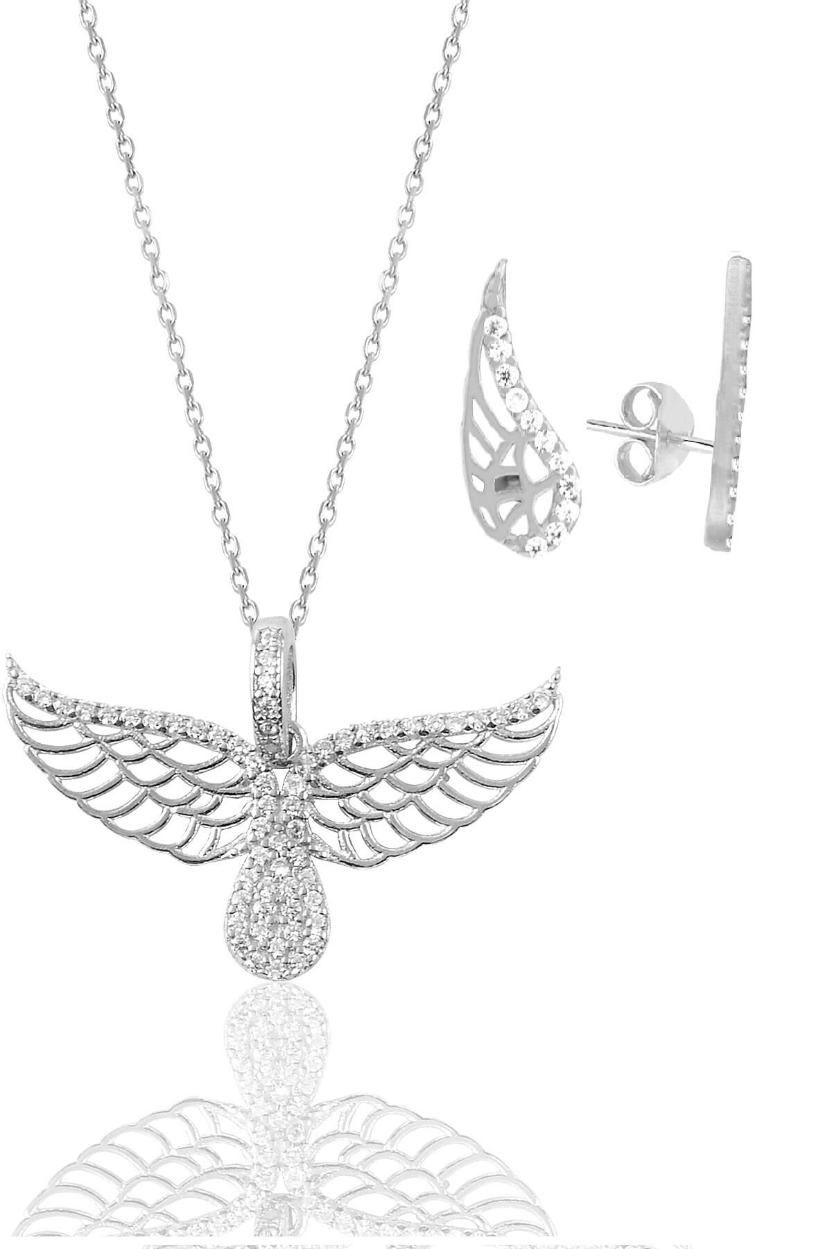 Gümüş rodyumlu zirkon taşlı kanat kolye ve küpe seti SGTL11410RODAJ