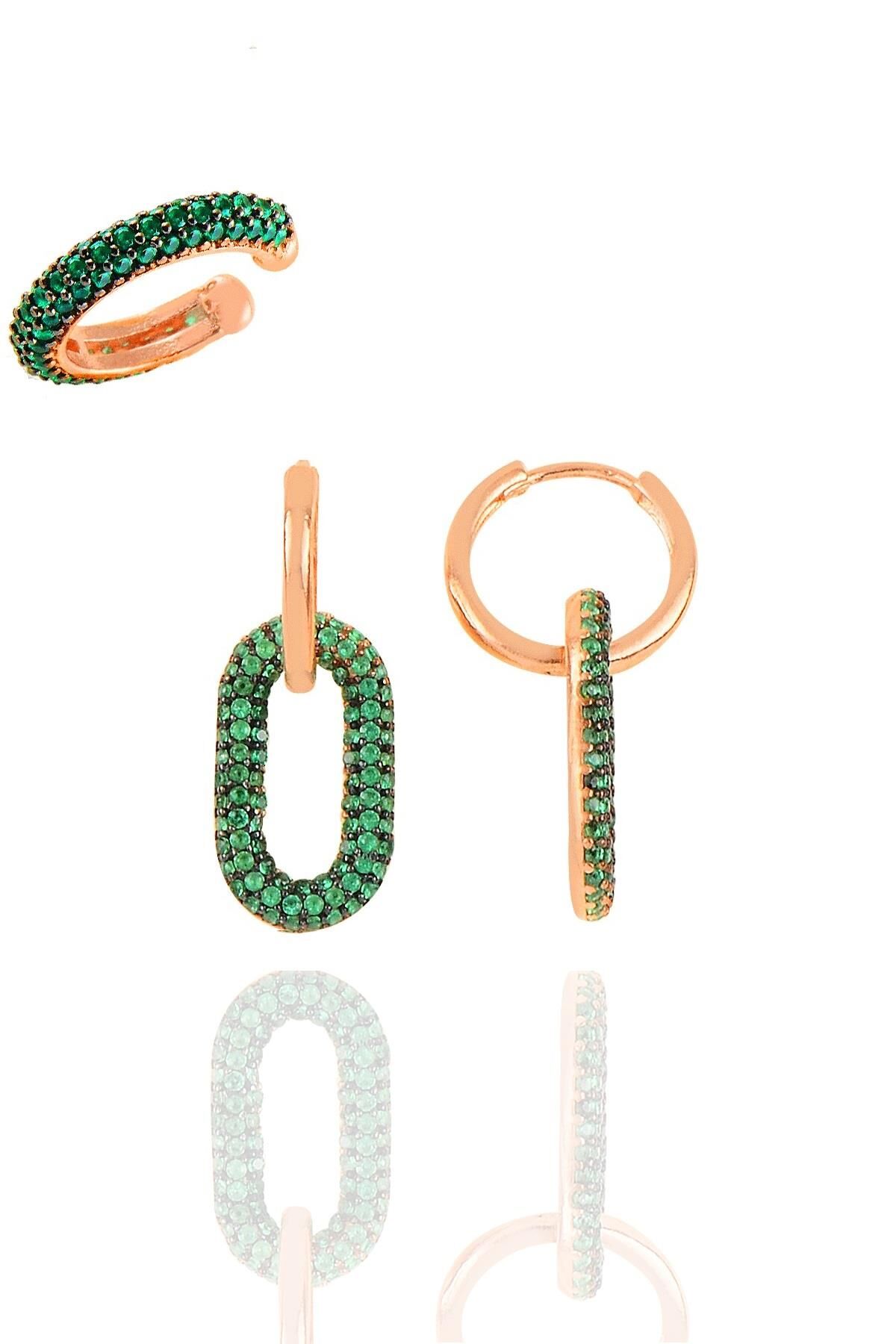 Gümüş rose yeşil taşlı handy kombin küpe SGTL11389YESIL