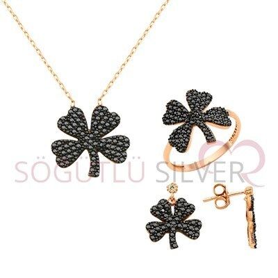 Rose siyah taşlı yonca üçlü set set8280