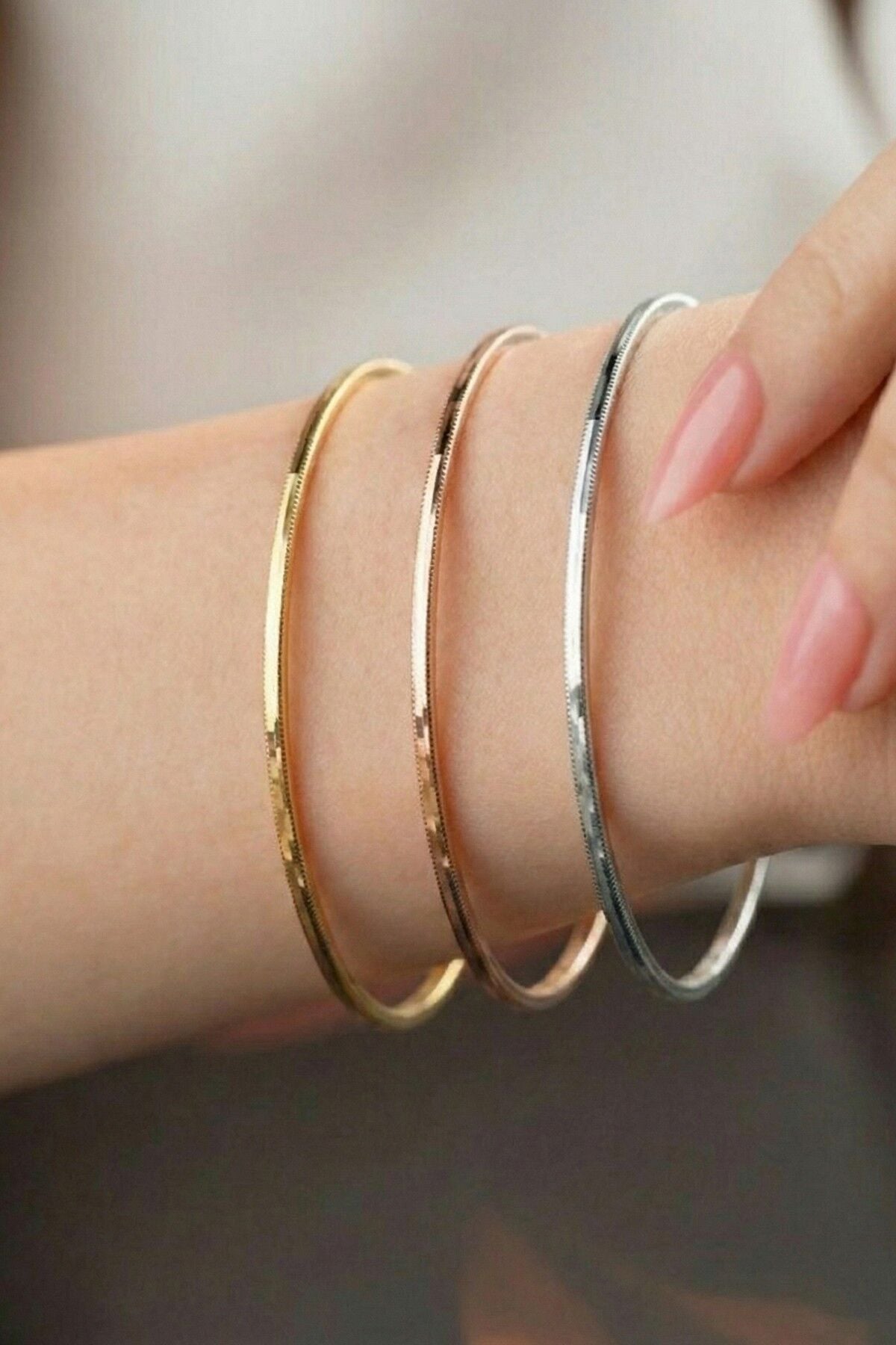 925 Ayar Gümüş Bilezik 3 Renk Gümüş Ajda Modeli Bilezik - Gold Rose Gümüş- Yatırımlık Şık ve Zarif Tasarım