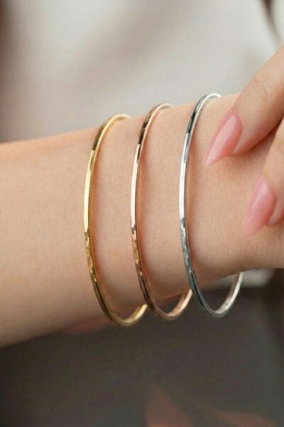 925 Ayar Gümüş Bilezik 3 Renk Gümüş Ajda Modeli Bilezik - Gold Rose Gümüş- Yatırımlık Şık ve Zarif Tasarım