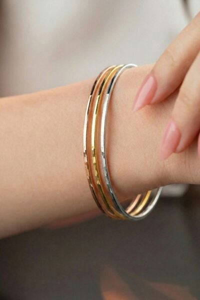925 Ayar Gümüş Bilezik 3 Renk Gümüş Ajda Modeli Bilezik - Gold Rose Gümüş- Yatırımlık Şık ve Zarif Tasarım