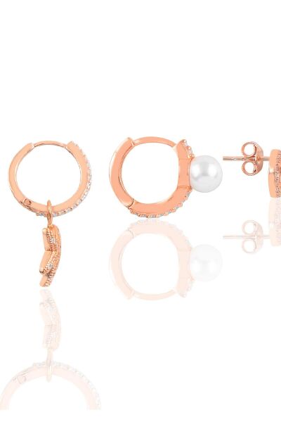 Gümüş rose zirkon taşlı deniz  kombin üçlü küpe seti  SGTL11388ROSE