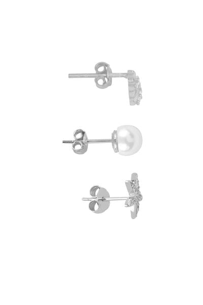 Gümüş rodyumlu zirkon ve inci taşlı deniz  kombin üçlü küpe seti SGTL11387RODAJ