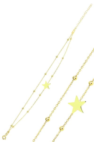 Gümüş altın yaldızlı top top çift zincirli yıldız bileklik SGTL12277GOLD