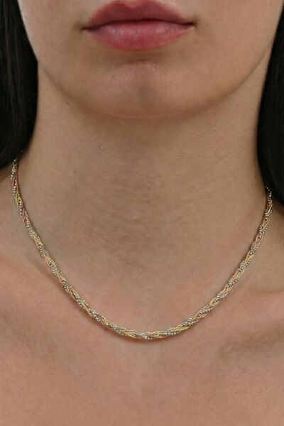 925 Ayar Gümüş Kolye Lüks Dorika Toplu Üç Renk İtalyan Örgü Tasarım Kolye SGTL13286RENKLI