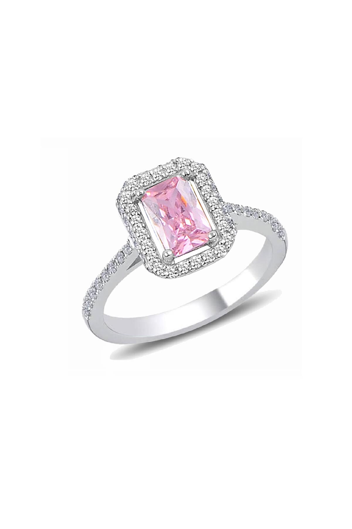 Gümüş Rodyumlu Pırlanta Montürlü pembe Baget Taşlı Yüzük SGTL10674PEMBE