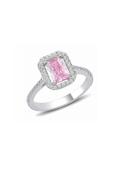 Gümüş Rodyumlu Pırlanta Montürlü pembe Baget Taşlı Yüzük SGTL10674PEMBE