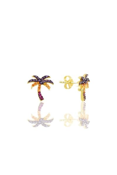 Gümüş renkli taşlı altın yaldızlı palmiye küpe SGTL10643GOLD