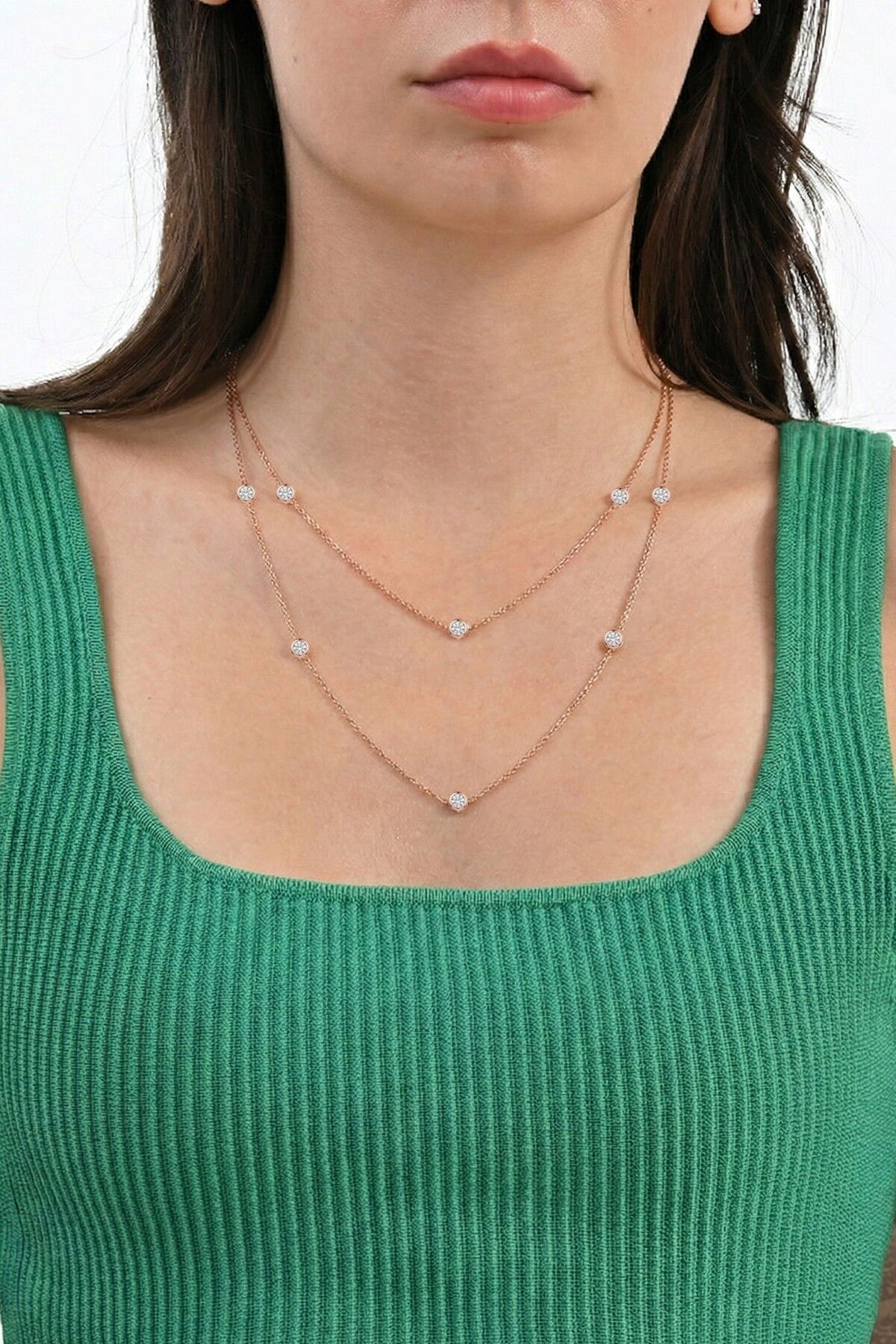 925 Ayar Gümüş Kolye Rose Kaplama Zirkon Taşlı Sıralı Uzun 100 cm Zincir Kolye SGTL13289ROSE