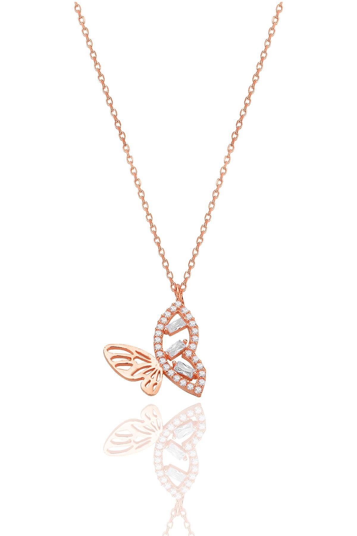 Gümüş rose baget taşlı işlemeli kelebek kolye SGTL12791ROSE