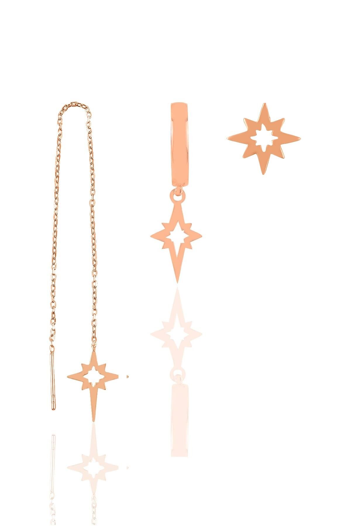 Gümüş rose kutup yıldızı kombin üçlü küpe seti  SGTL11386ROSE