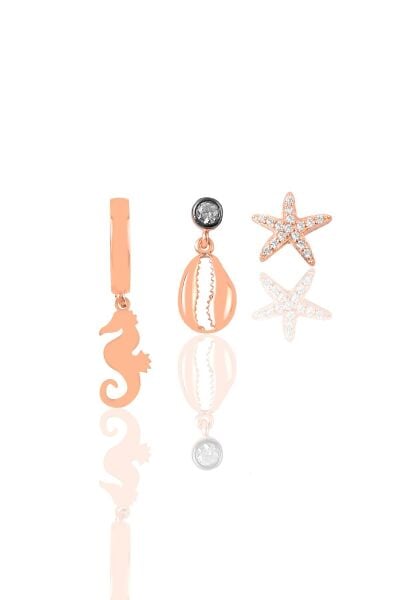 Gümüş rose zirkon taşlı deniz  kombin üçlü küpe seti  SGTL11385ROSE