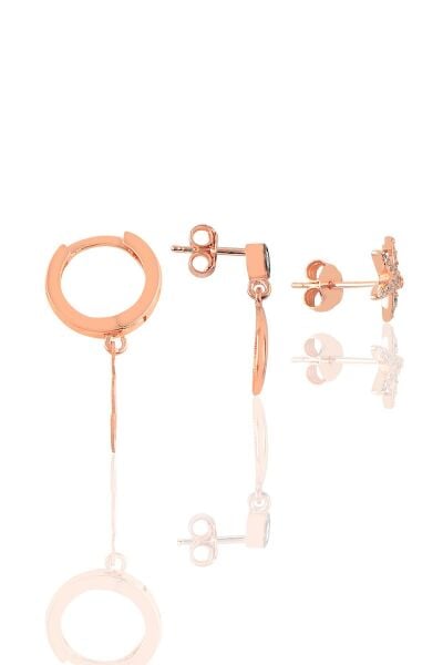 Gümüş rose zirkon taşlı deniz  kombin üçlü küpe seti  SGTL11385ROSE