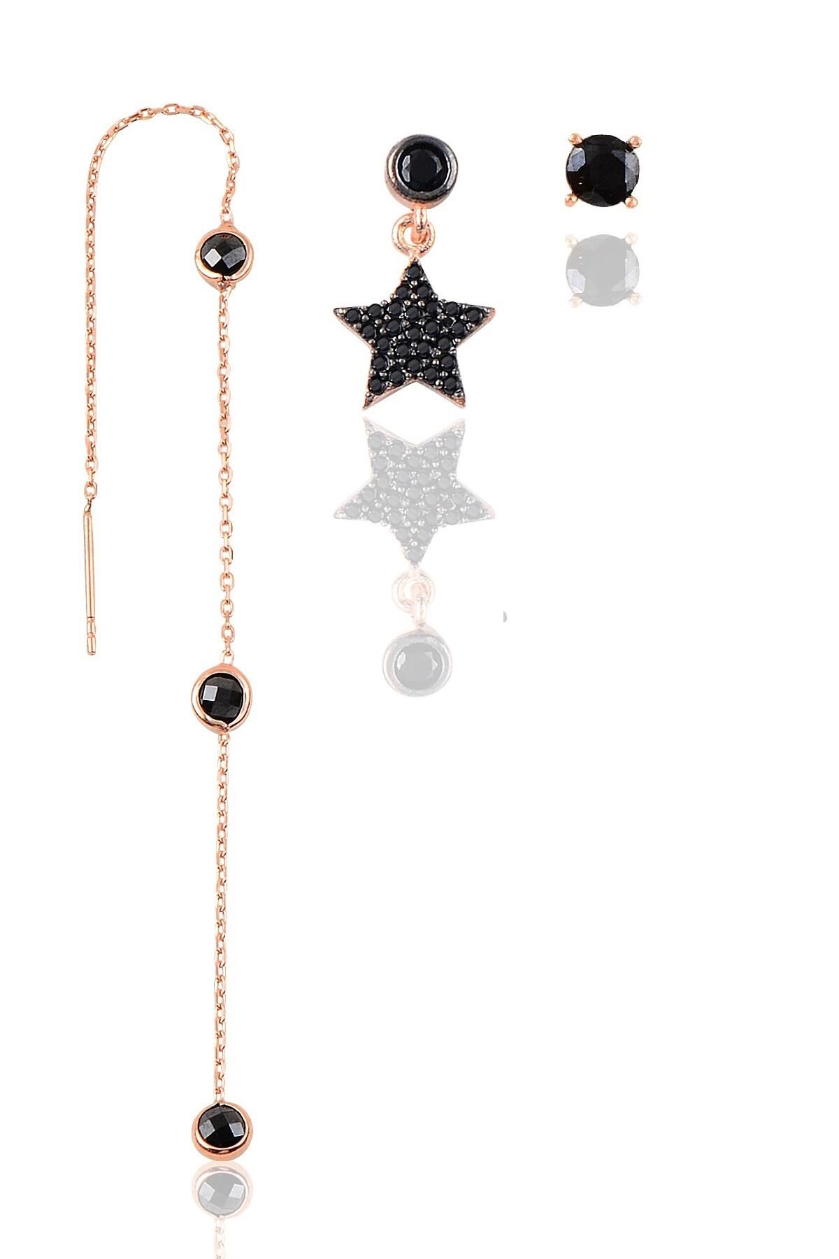 Gümüş rose onix  taşlı  yıldız kombin üçlü küpe seti  SGTL11384SIYAH