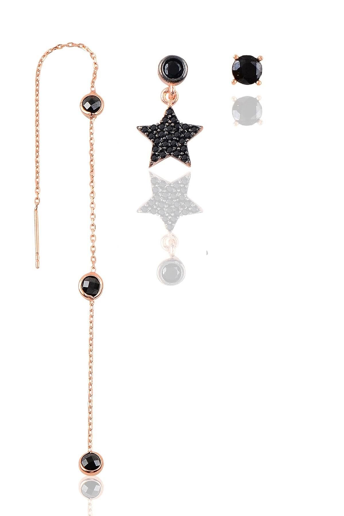 Gümüş rose onix  taşlı  yıldız kombin üçlü küpe seti  SGTL11384SIYAH