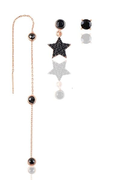 Gümüş rose onix  taşlı  yıldız kombin üçlü küpe seti  SGTL11384SIYAH