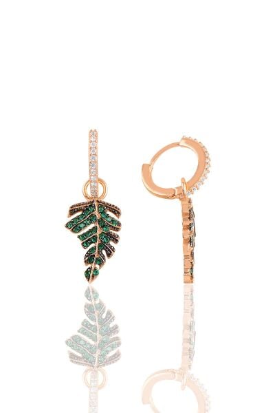 Gümüş rose yeşil taşlı yaprak küpe SGTL10646ROSE