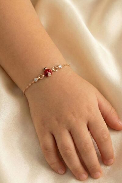 925 Ayar Gümüş Rose Kırmızı Mineli Uğur Böceği Figürlü Çocuk Bileklik SGTL13296ROSE