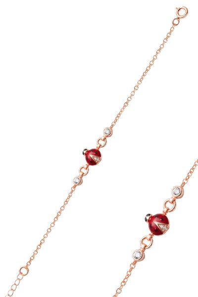 925 Ayar Gümüş Rose Kırmızı Mineli Uğur Böceği Figürlü Çocuk Bileklik SGTL13296ROSE
