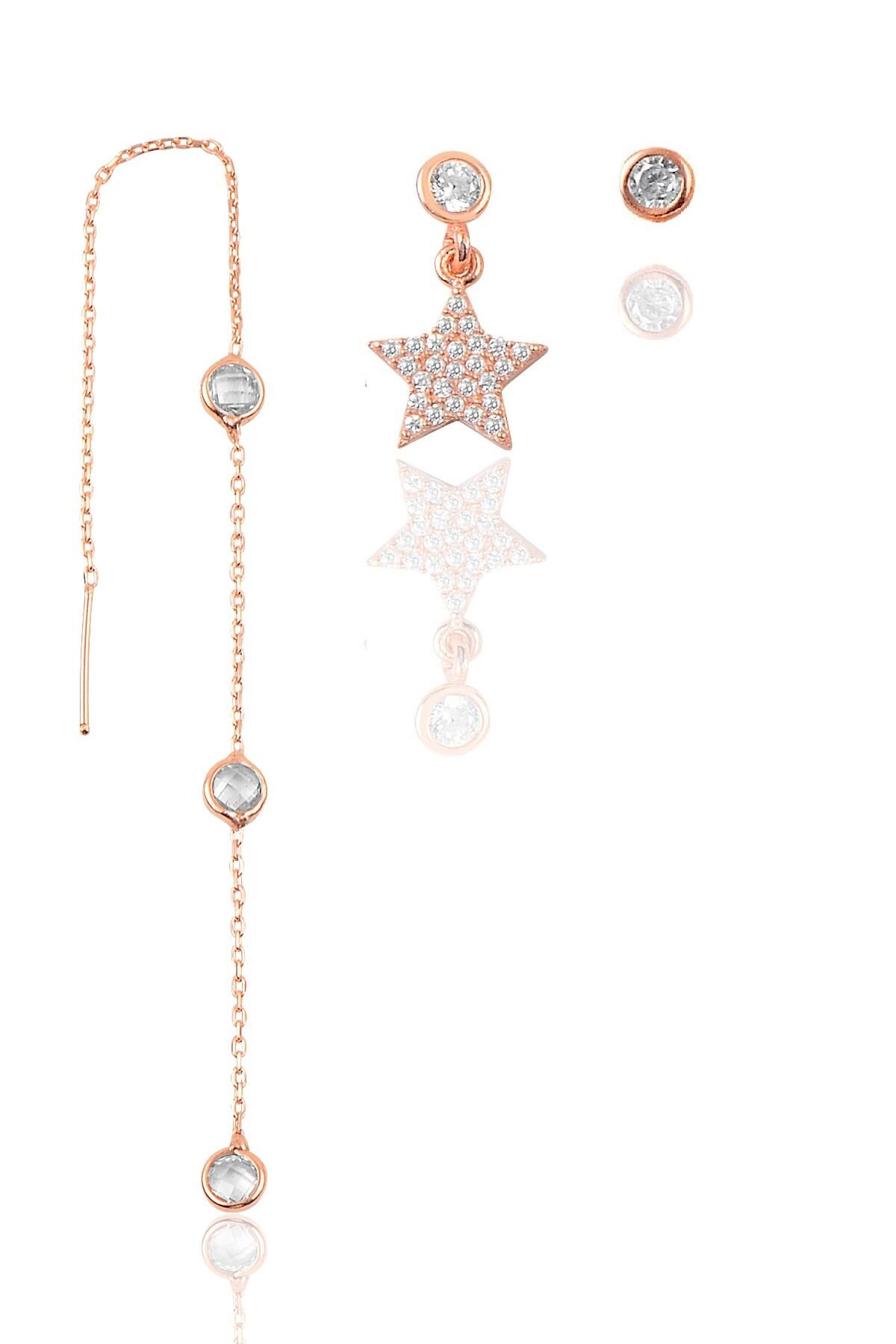 Gümüş rose zirkon taşlı yıldız kombin üçlü küpe seti  SGTL11384ROSE