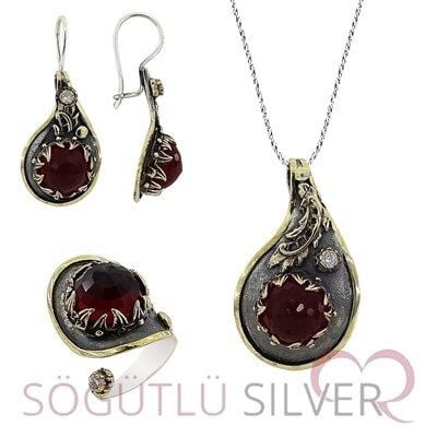 lal taşlı otantik üçlü set SGTL2832