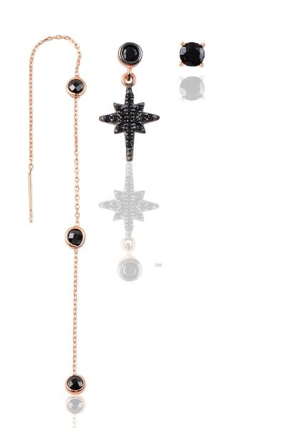 Gümüş rose onix  taşlı  kutup yıldızı kombin üçlü küpe seti  SGTL11383SIYAH