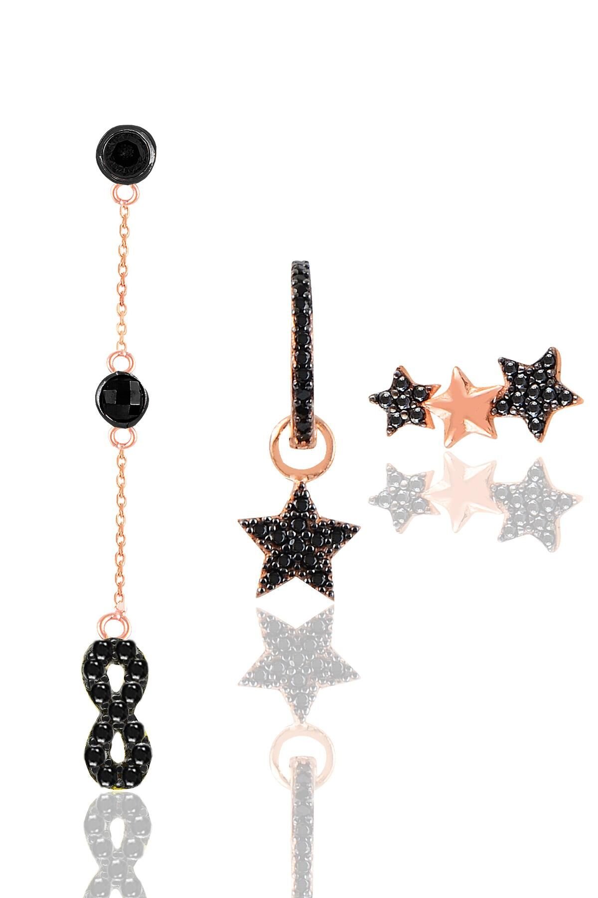 Gümüş rose siyah taşlı yıldızlar ve sonsuzluk kombin küpe SGTL12107SIYAH