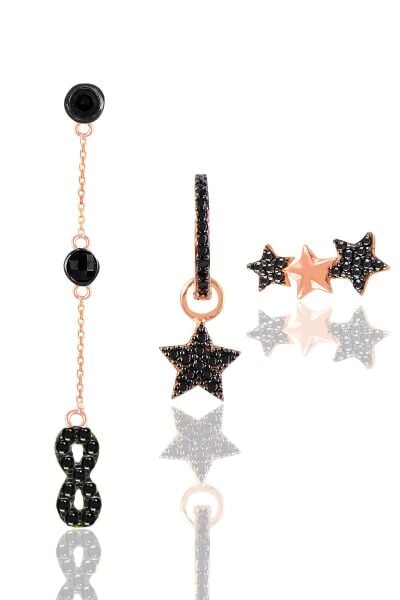 Gümüş rose siyah taşlı yıldızlar ve sonsuzluk kombin küpe SGTL12107SIYAH