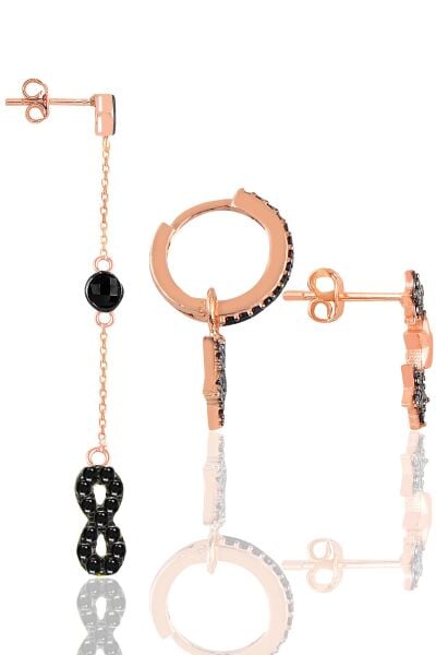 Gümüş rose siyah taşlı yıldızlar ve sonsuzluk kombin küpe SGTL12107SIYAH