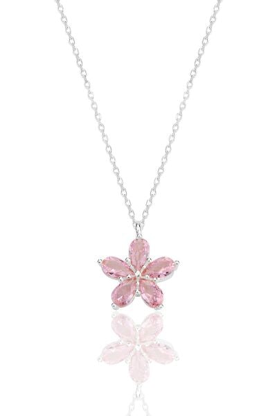 Gümüş rodyumlu damla kesim pembe taşlı çiçek kolye SGTL12408PEMBE